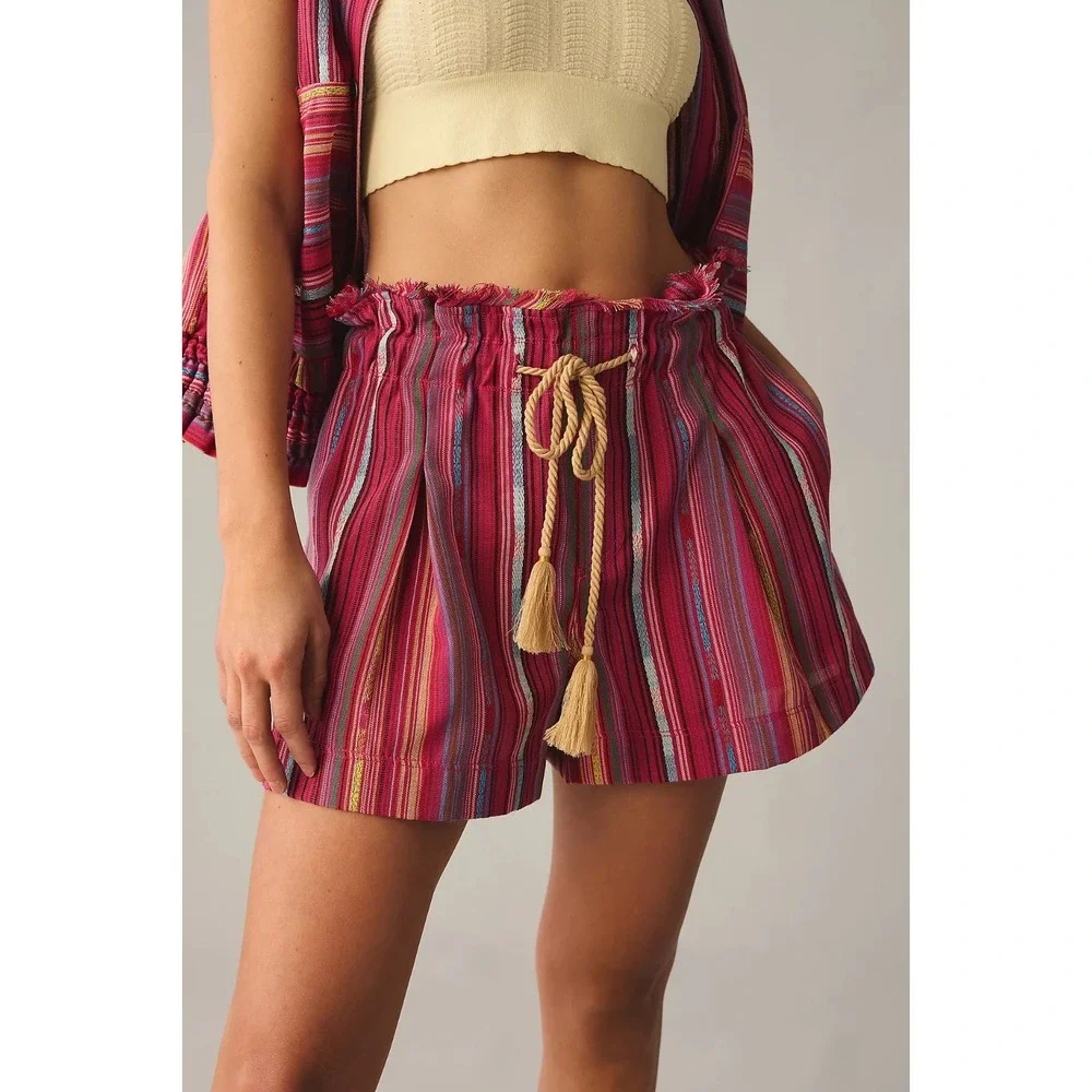 By Anthropologie Tasseled Paperbag Pink Stripe Shorts Size Large